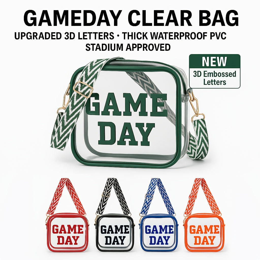 Game Day Clear Purse with Listed Letter Patches and Crossbody Carry Style, Green, Blue, Black, Red or Orange Options for Football Outfits and Concert Plans