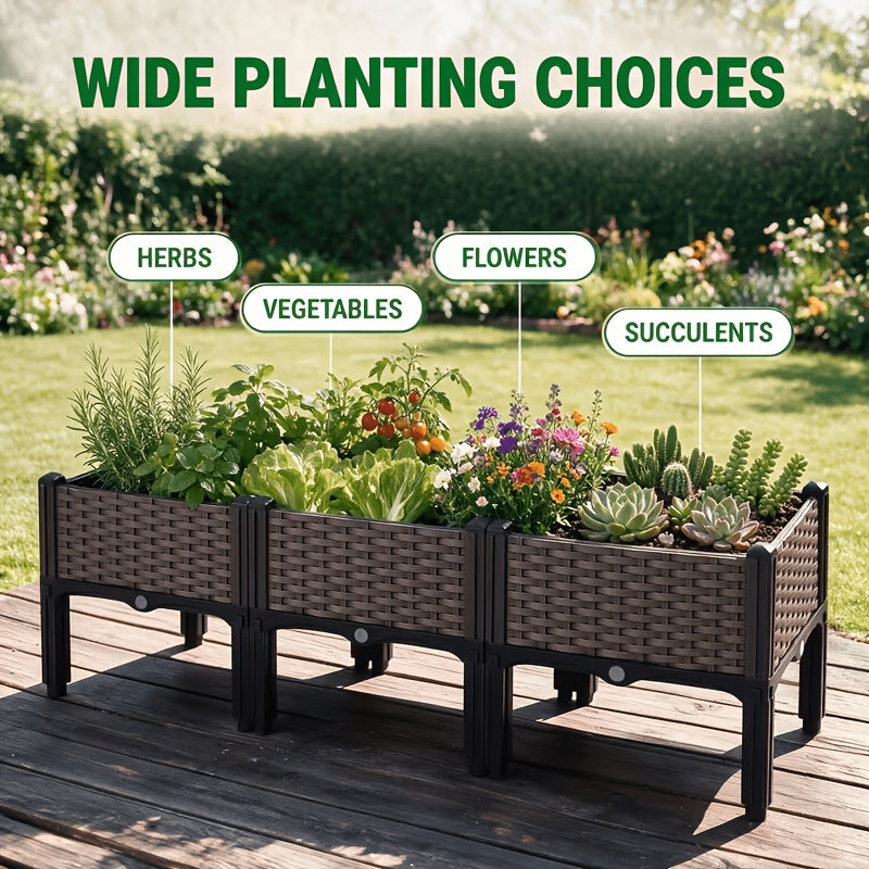 Raised Garden Bed with Legs by SKYNEST, Brown Plastic Planter with Listed Drainage System and One- to Four-Box Options for Outdoor Herbs and Vegetables