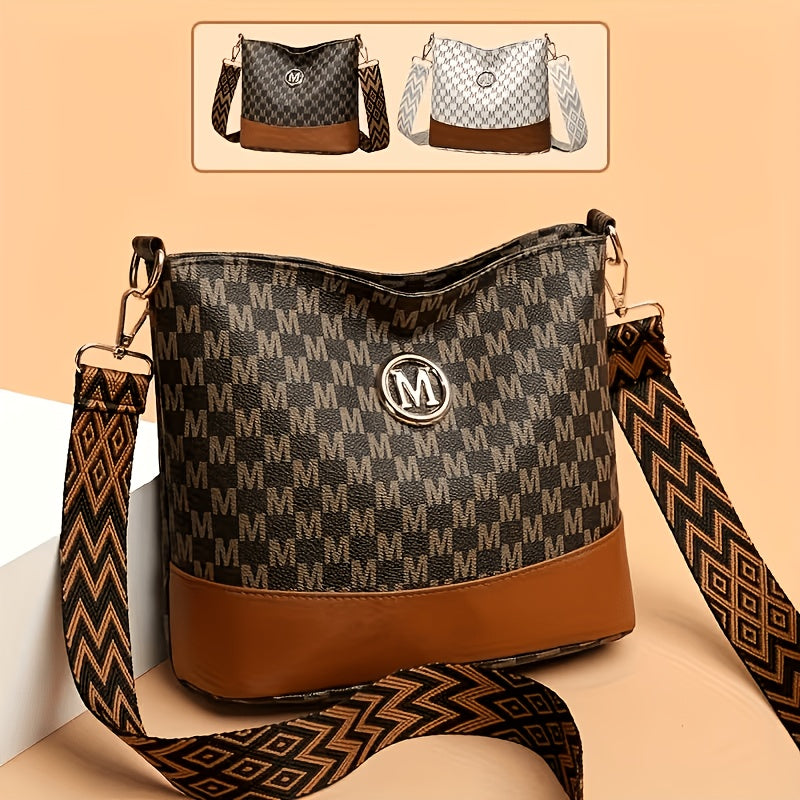 Patchwork Shoulder and Crossbody Bag with Vintage Styling and Wide Lettered Woven Strap, White or Brown Options for Workday Outings, Shopping and Dining