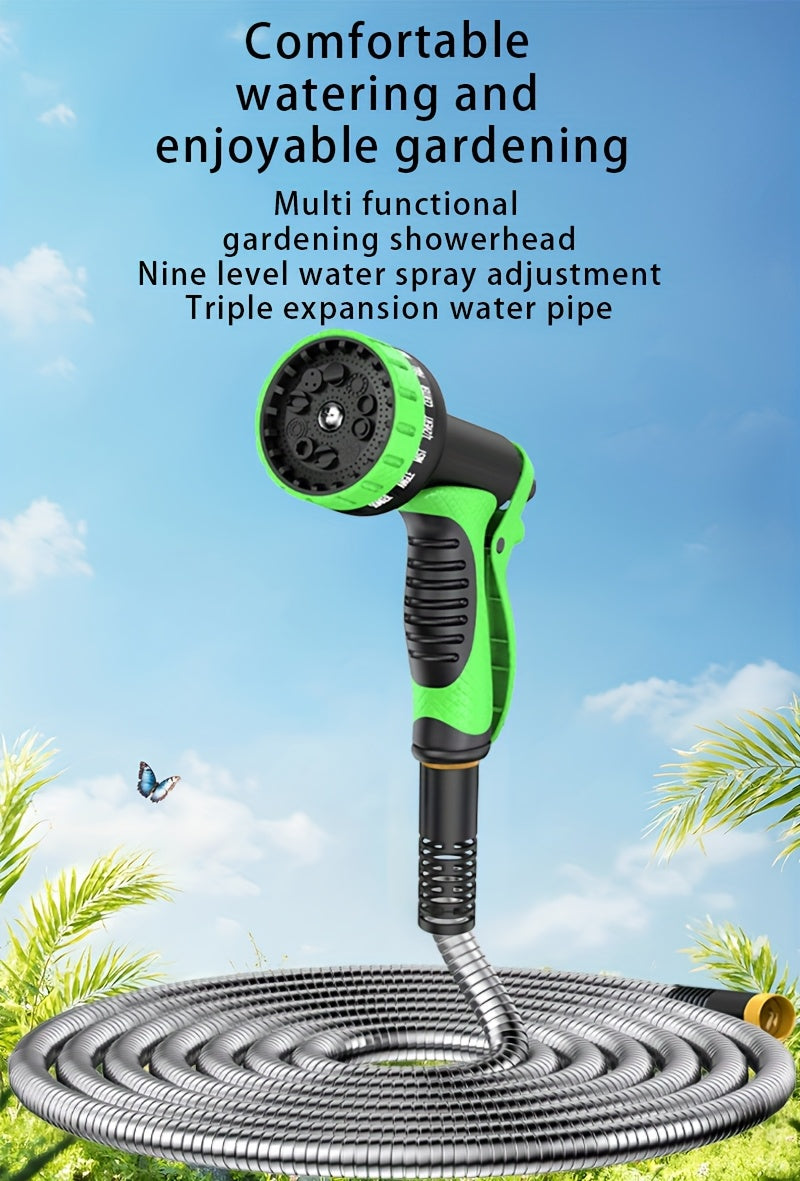 Stainless Steel Garden Hose with 10-Function Nozzle and Brass Joint, Metal Watering Hose in Multiple Length and Upgrade Kit Options for Yard and Car Care