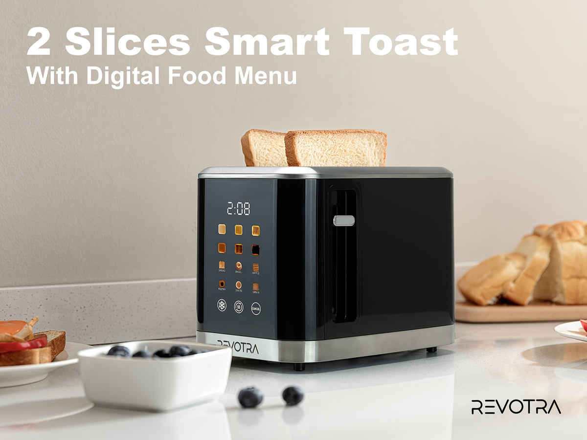 LED Display Breakfast Toaster in Black with Stainless Steel Construction, Wide Slots, Six Toasting Levels, Defrost, Heat and Cancel Functions and Crumb Tray