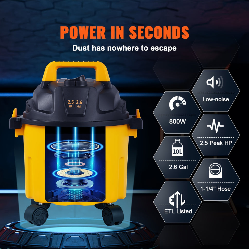 VEVOR 3-in-1 Portable Shop Vacuum 2.6 Gallon, 2.5 Peak HP Wet Dry Vac with Blowing Function and Attachments Storage, Lightweight Compact Vacuum Cleaner for Garage, Car Detailing, Workshop, Carpet, Upholstery and Home Cleanup, Black and Yellow