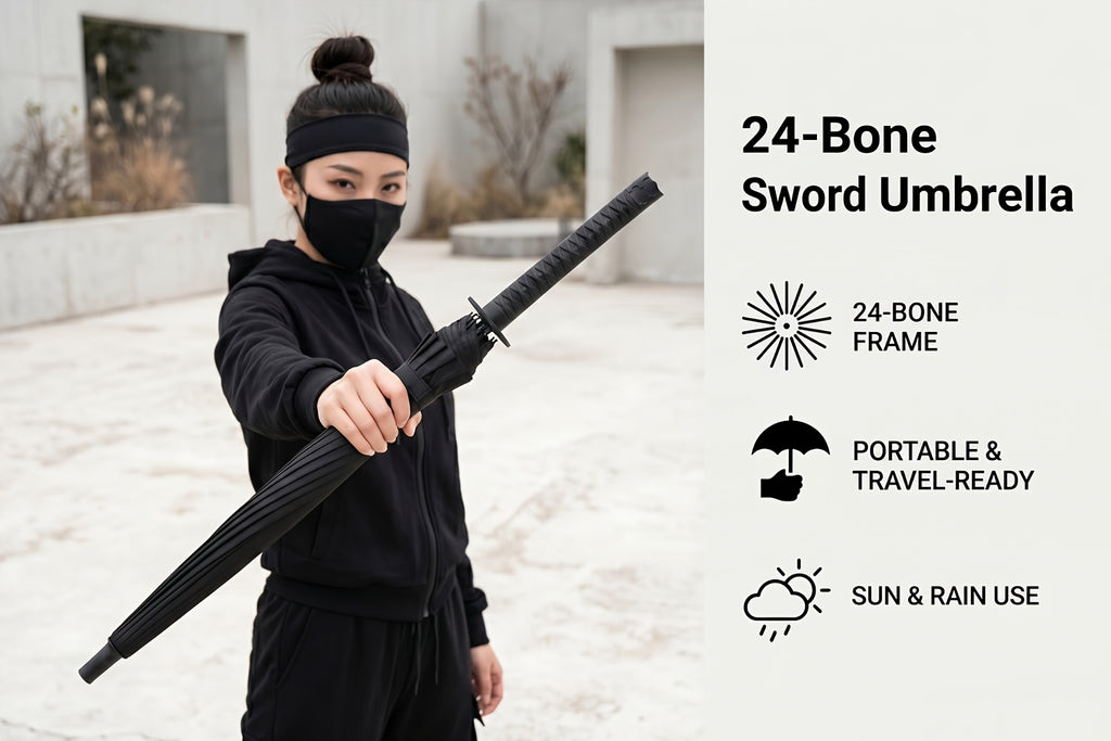 Samurai Umbrella in Black with Automatic Open and Close, Listed 24-Rib Steel Frame and Sword-Themed Styling for Rainy Days, Cosplay Outfits and Anime Fan Gifts
