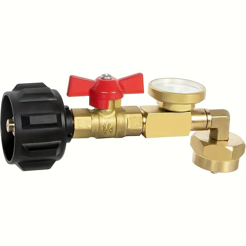 QCC1 Propane Elbow Adapter with Gauge and On-Off Valve, Brass 90-Degree Type1 Connector with Luminous Dial and Bottle Cap for Compatible Equipment