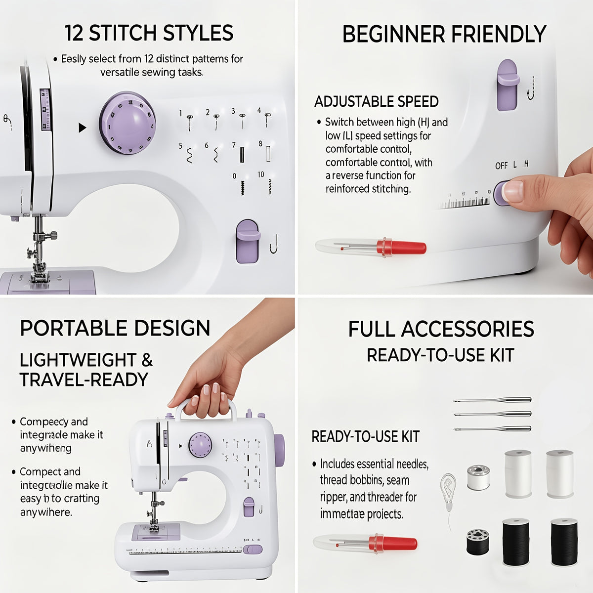 12-Stitch Mini Sewing Machine with Listed Dual Speed and Reverse Sewing, Portable Electric Beginner Craft Tool with Thread, Bobbins and Needles for Home Projects
