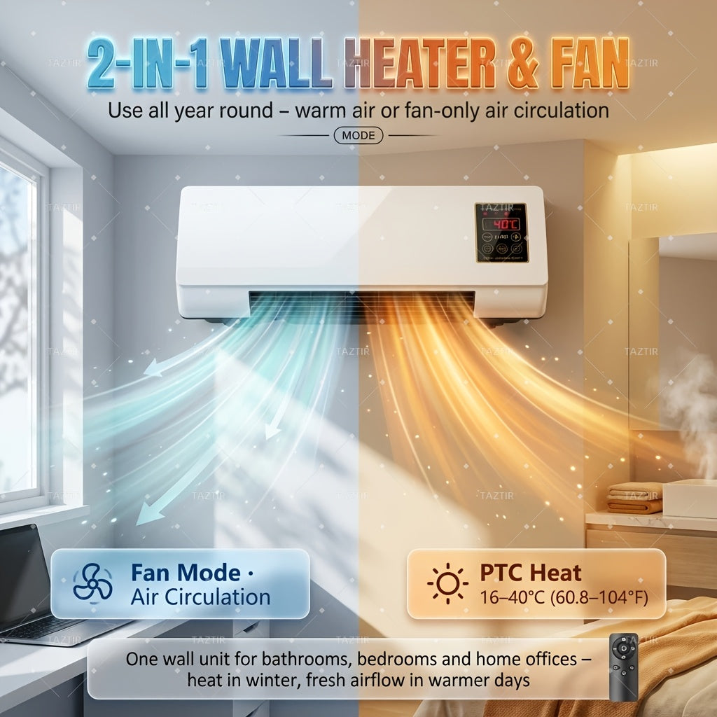 1200W Wall-Mounted Ceramic Heater in White, PTC Heating Design with Remote Control and Timer, Listed Dual-Mode Model for Space-Conscious Home Installation