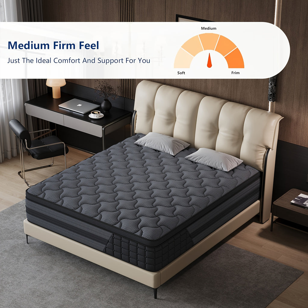 Gel Memory Foam Pocket Spring Mattress, Medium Firm Hybrid Bed in a Box with 8, 10, 12 or 14 Inch Models and Twin, Full, Queen or King Sizes