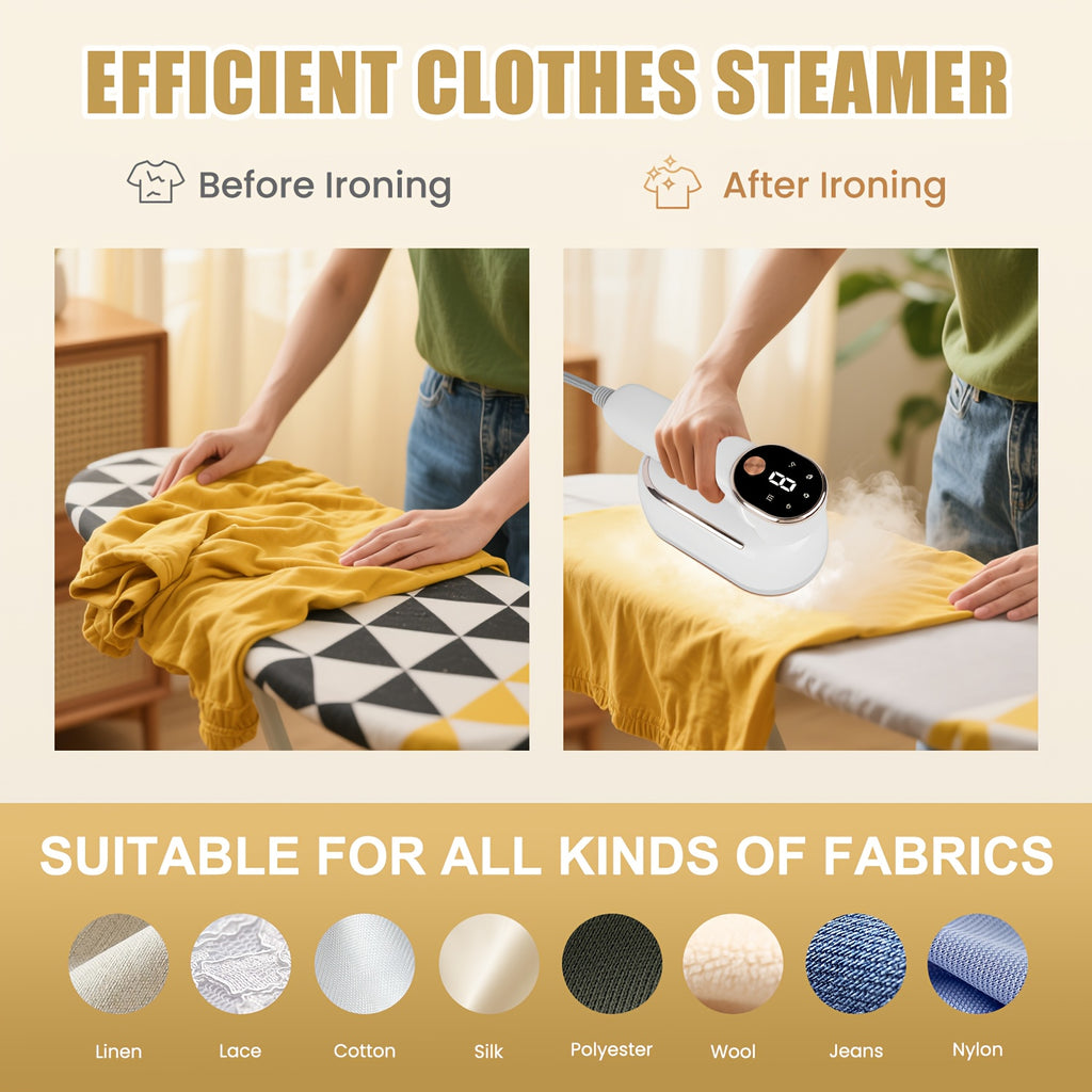 2-in-1 Travel Steam Iron with LCD Display, 1200W Foldable Mini Garment Steamer with 3 Steam Levels, Wet and Dry Modes for Wrinkle-Free Clothes at Home, Office and On the Go, 6oz Tank, White