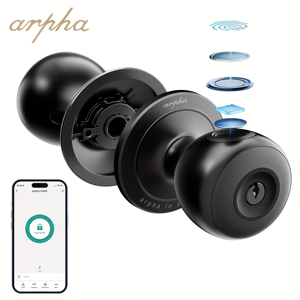 Replaceable-Battery Smart Door Knob by Arpha in Black with Listed Fingerprint, Passcode, Tuya App and Physical Key Access, Passage and Privacy Modes, Battery Excluded
