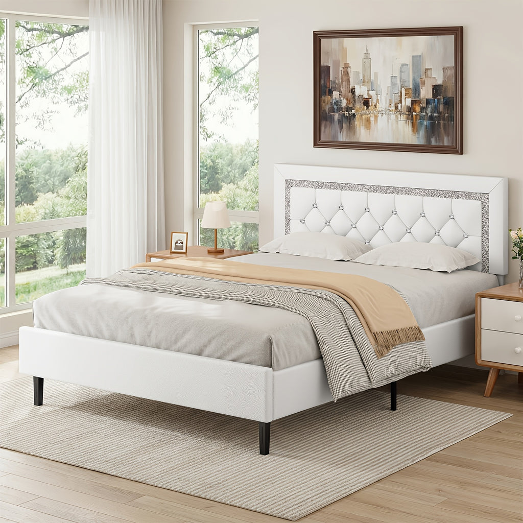 Princess Bed Frame with Diamond Headboard and Wooden Slat Support, Bedroom Furniture in White, Black or Pink with Twin, Full and Queen-1 Size Options