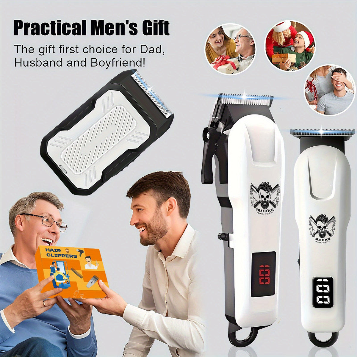 Electric Grooming Kit in White with Two or Three-Piece Option Labels, Listed Razor and Clipper, Digital Screen and USB Rechargeable Design for Home Hair Care