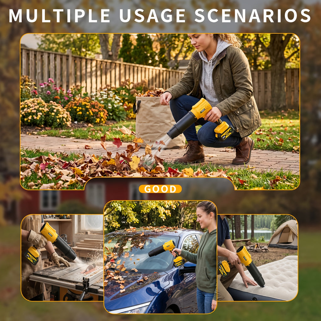 Turbine Cordless Leaf Blower with Listed 50000RPM Motor and 20V Wording, Black Single-Battery or Yellow Two-Battery Bag Options for Yard Cleanup