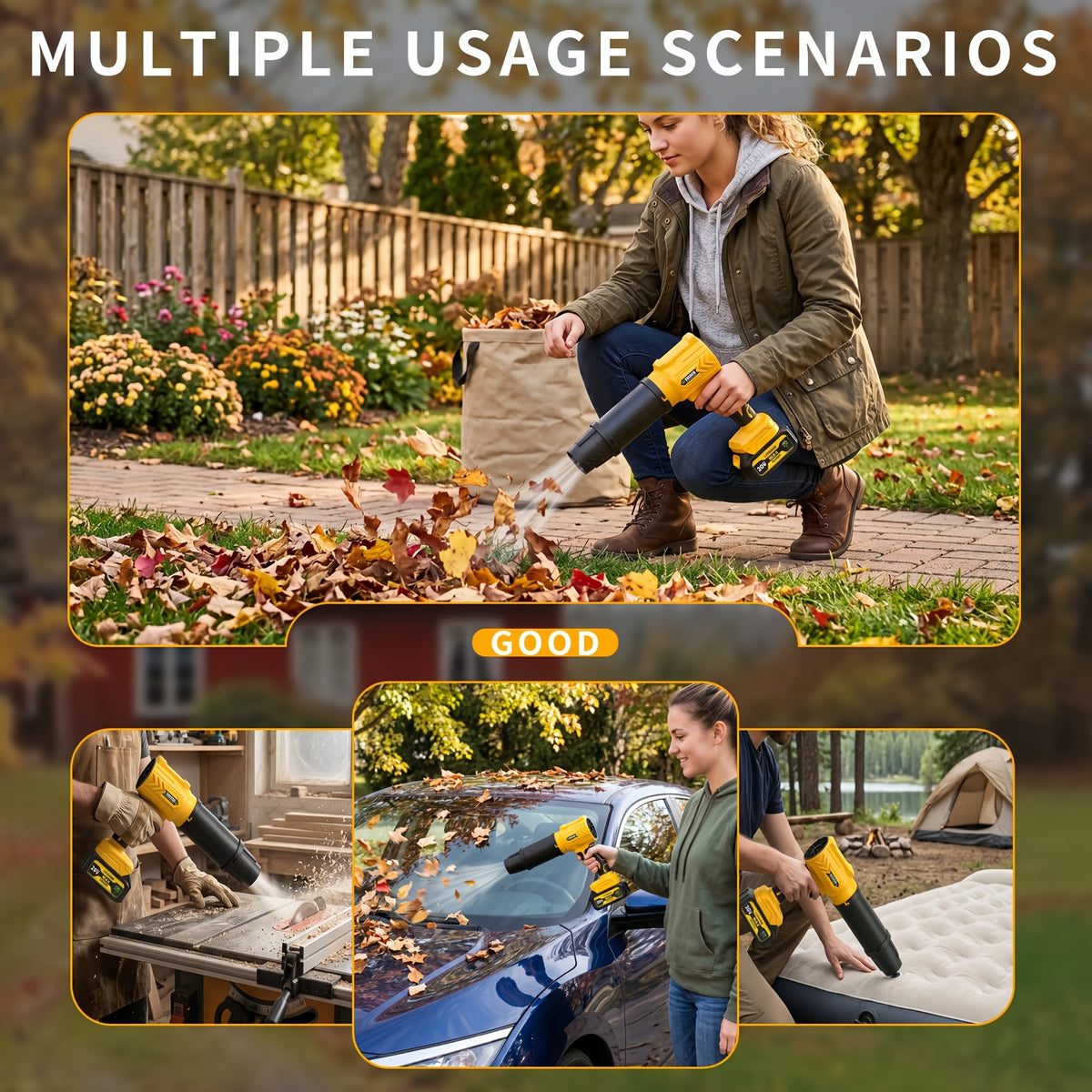 Turbine Cordless Leaf Blower with Listed 50000RPM Motor and 20V Wording, Black Single-Battery or Yellow Two-Battery Bag Options for Yard Cleanup