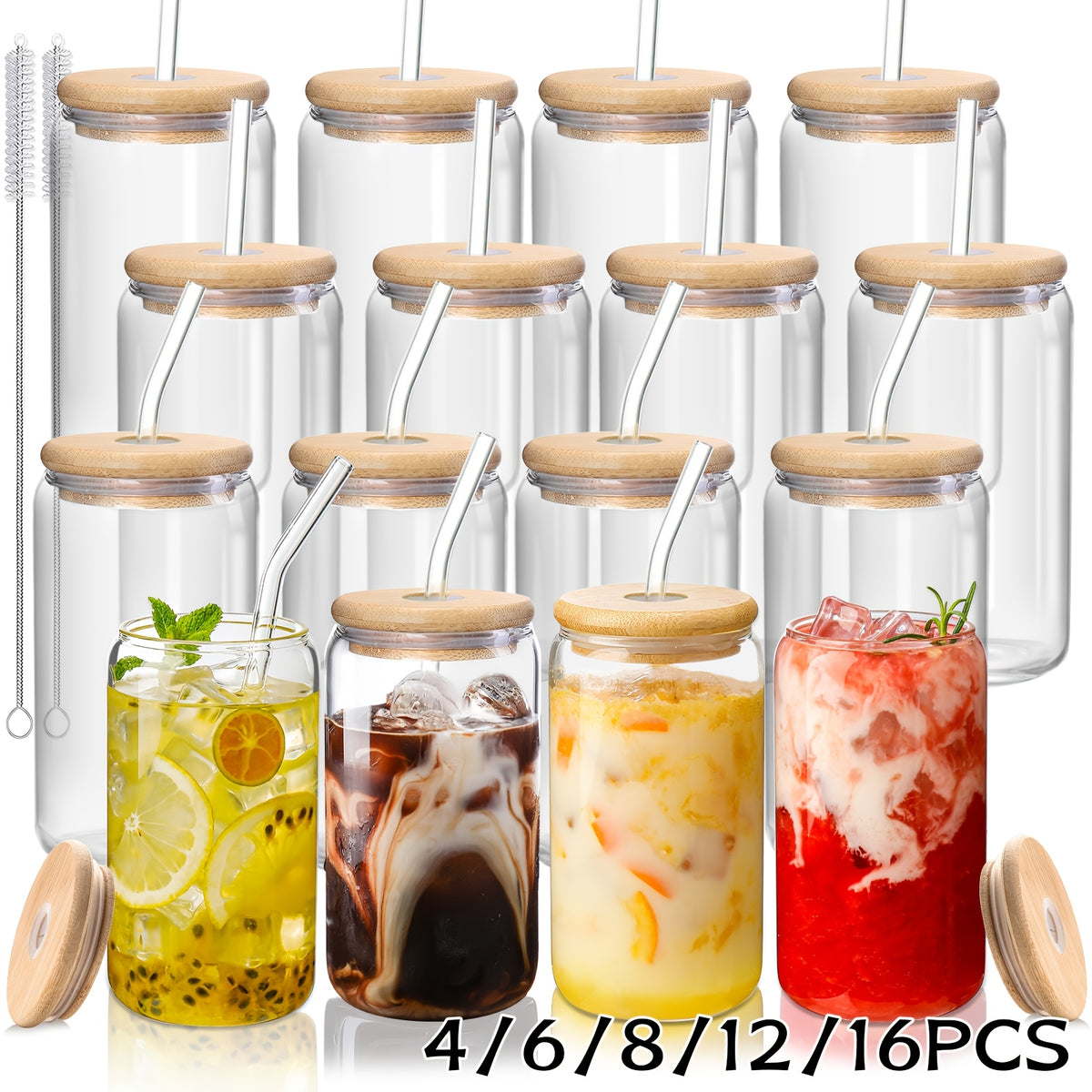Iced Coffee Glass Set with 16oz Mason Jar Style Mugs, Bamboo Lids and Straws for Reusable Cold Beverage Serving at Home, Brunch Gatherings and Gift Giving