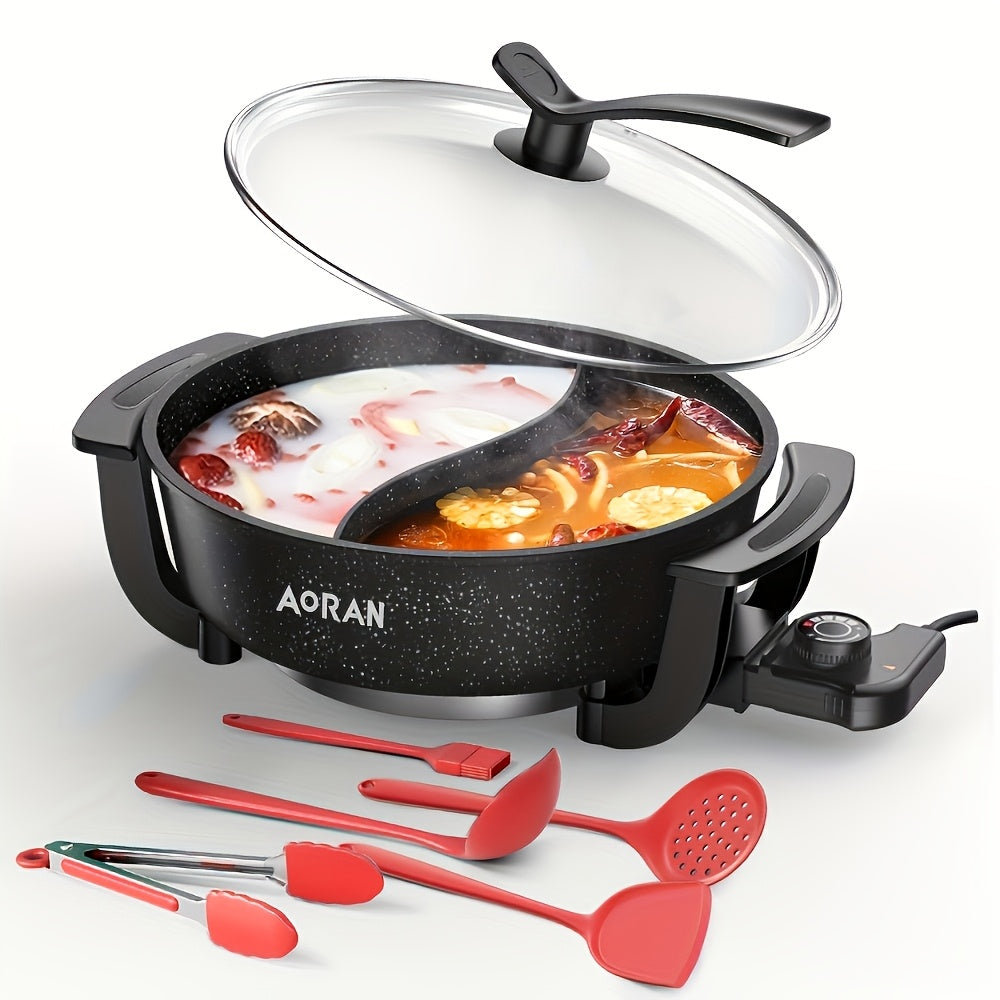 Yin Yang Electric Cooking Pot by Aoran, Black Nonstick Kitchen Cooker with US Plug for Steaming, Boiling, Stir-Frying and Stewing, Gift Bag Option