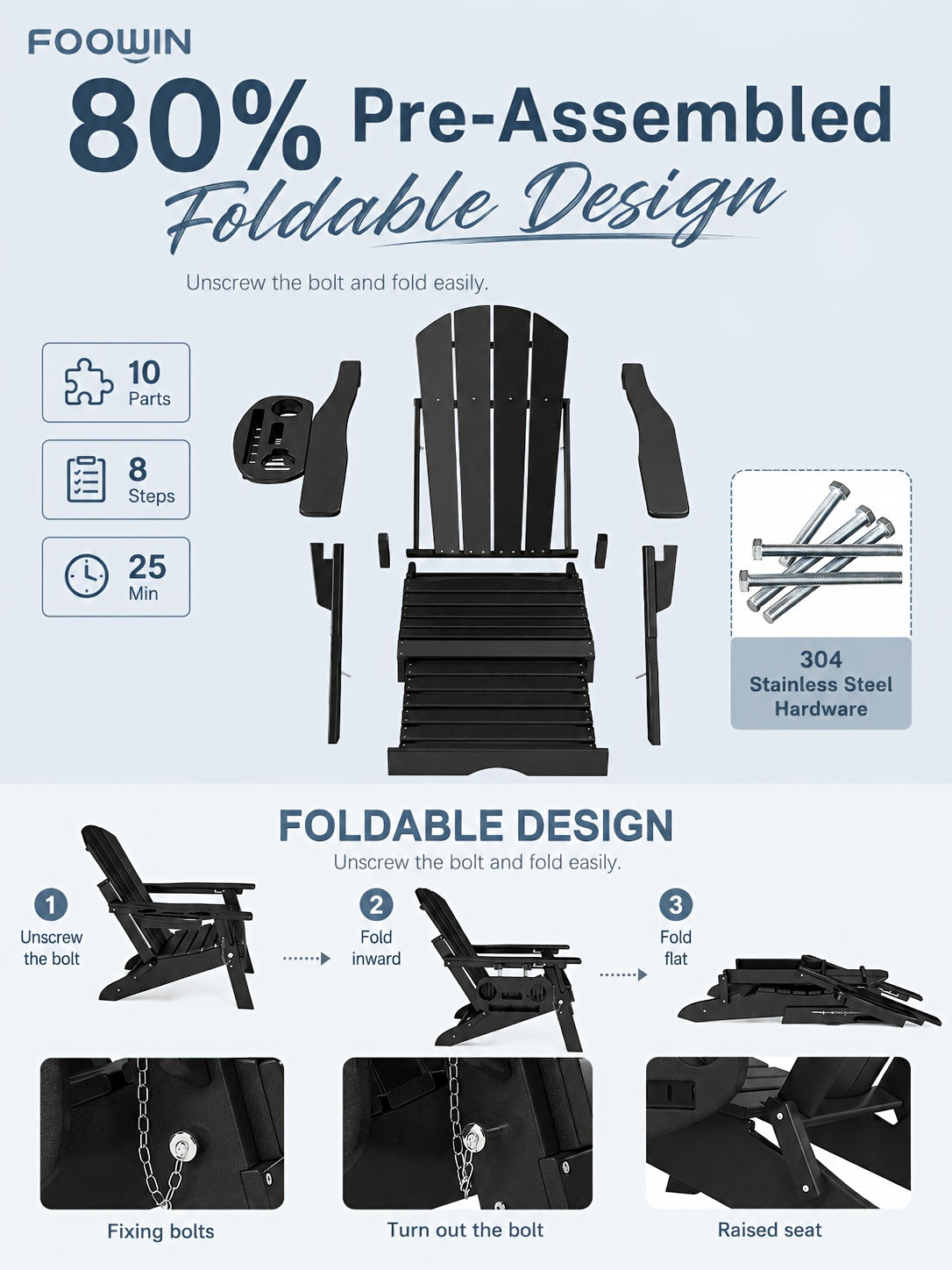 Adjustable Adirondack Chair by FOOWIN in HDPE for Patio, Lawn and Garden Seating, Single or Two-Chair Options with Selected Footrest-Free Configurations