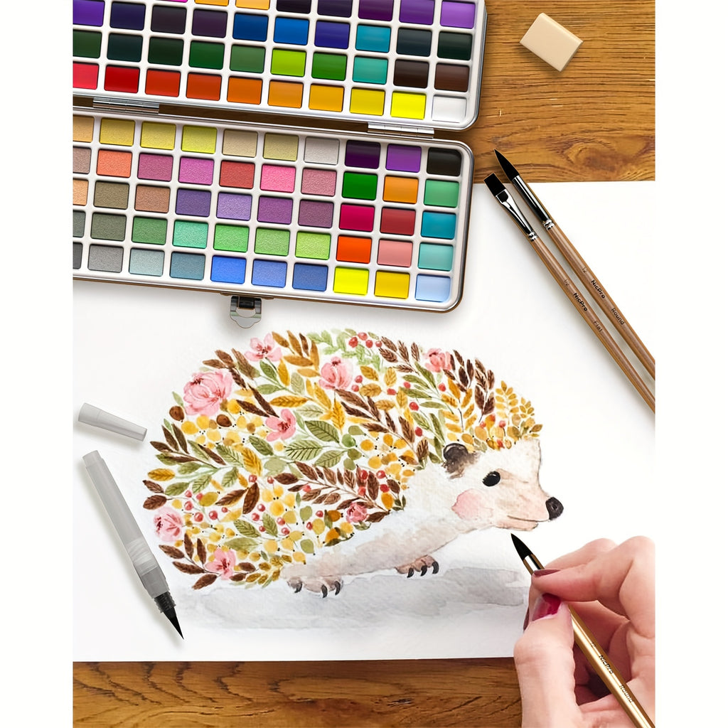Watercolor Paint Starter Set, 100, 128 or 168 Color Options with Metallic, Macaron and Fluorescent Shades, Brushes, Watercolor Paper and Palette