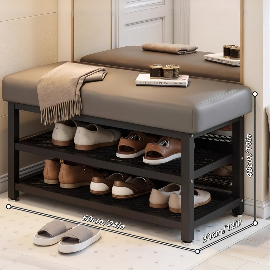 Shoe Storage Bench with Soft Seat Cushion, Metal Frame and Multi-Compartment Design in Grey or Orange, 24 or 32 Inch Model Labels for Entryway Organization