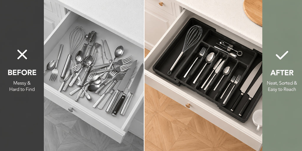 Expandable Silverware Drawer Organizer, BPA-Free Adjustable Plastic Cutlery Tray in Black or White for Kitchen Spoon, Fork and Knife Storage