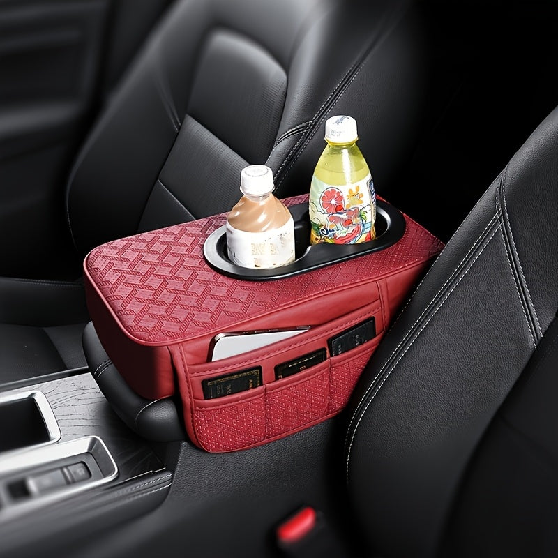 Car Armrest Storage Cover in PU Leather with Two Side Pockets and Two Cup Holders, Center Console Organizer with Tissue Bundle and Refill Options