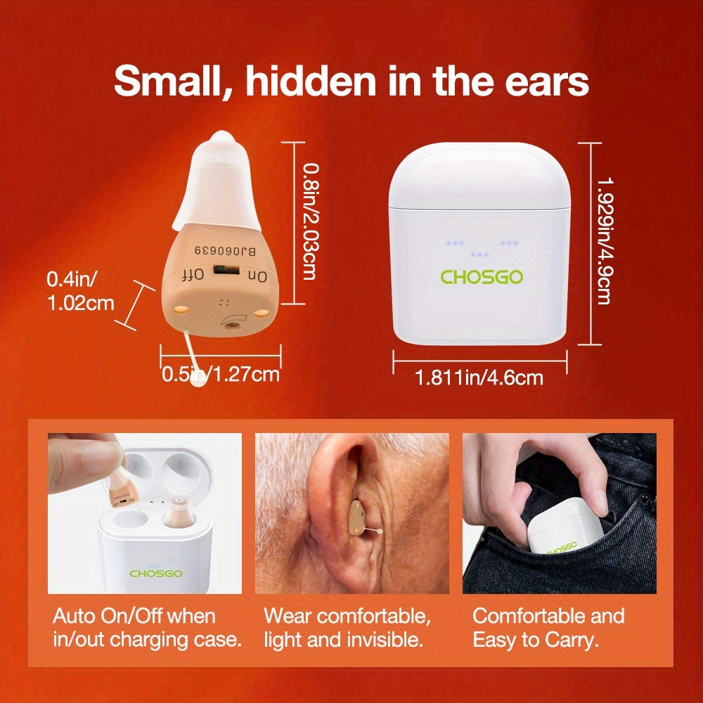 In-Ear Rechargeable Hearing Amplifier Pair with Listed Charging Case, K19RC and K19S Model Labels in Beige, RedBlue or Black for Adult Device Comparison