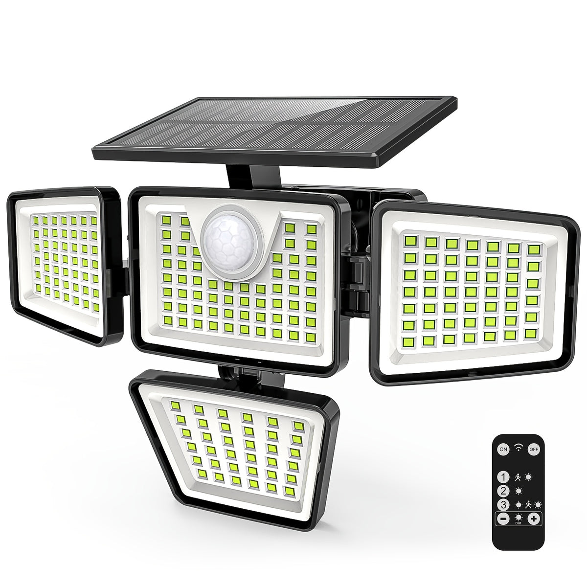 Solar Outdoor Motion Sensor Lights with Remote-Control Options, Two-Piece Pack or Upgraded Four-Head Single Light for Yard, Patio and Garage Exteriors