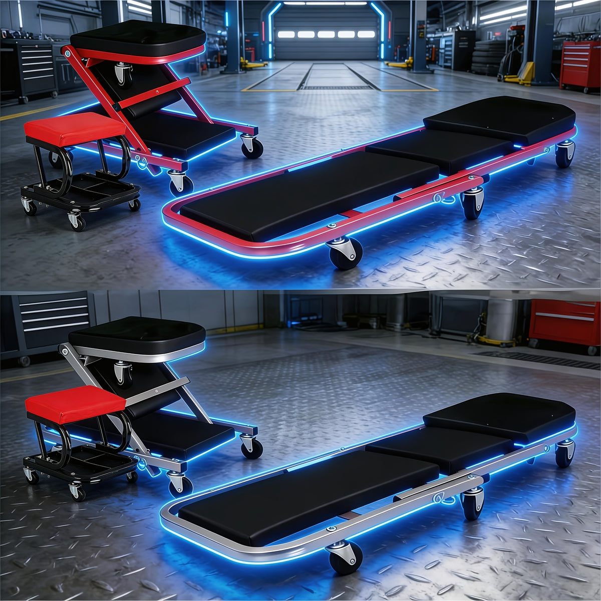 Wheeled Mechanic Creeper and Sliding Stool Options in Red or Grey, Foldable 3-in-1 Crawler or Non-Foldable Model for Garage Work Planning