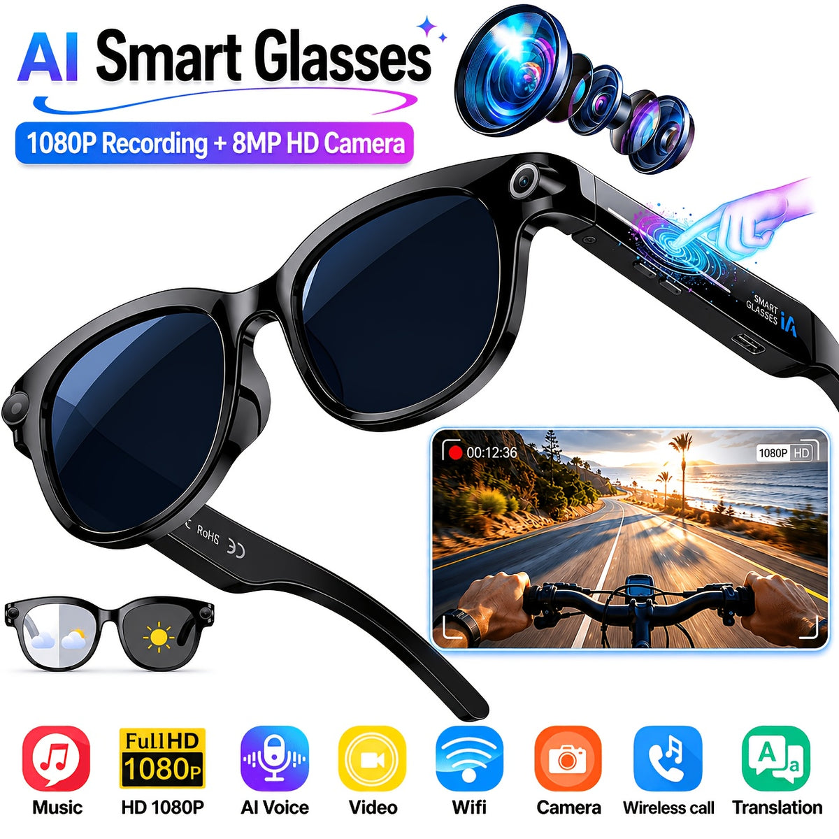 Photochromic AI Smart Glasses with Listed 8MP Camera and EIS, Live Translation, Object Recognition, Voice Control and Open-Ear Music in Unisex Black