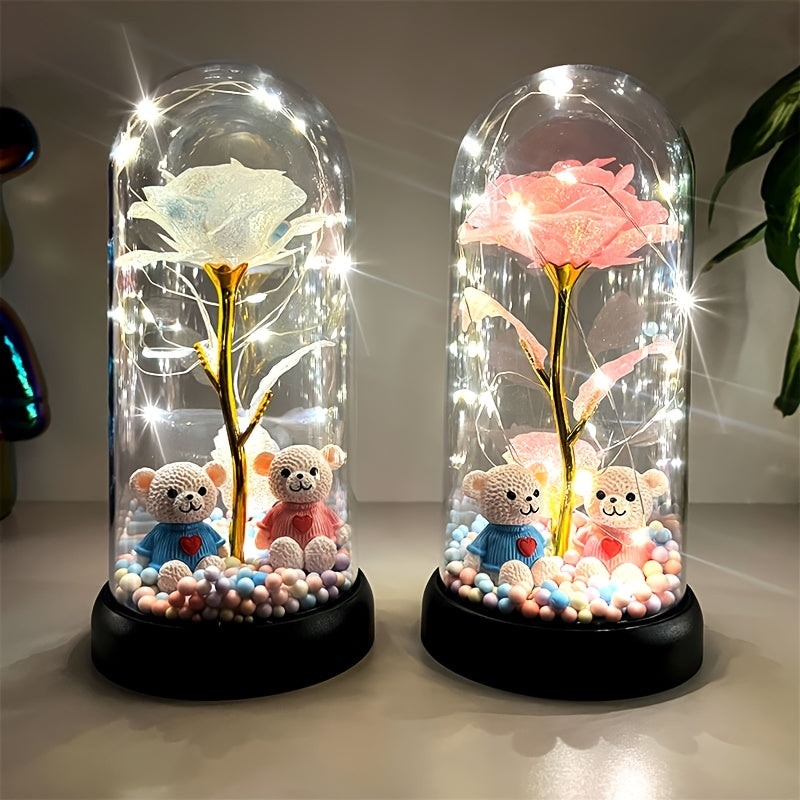 Rose Flower Dome Decoration with Illuminated, Glitter and Colorful Style Labels, Foam Ball Accents and Selected Two-Bear Designs for Tabletop Gifts