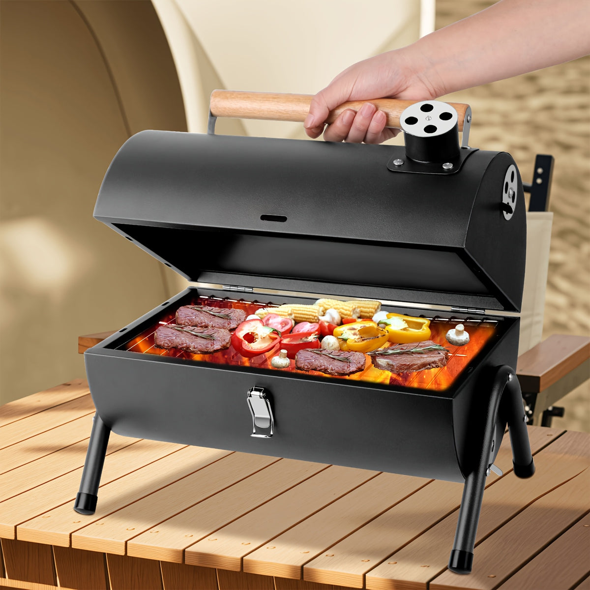 Barrel Charcoal BBQ Grill, Compact Foldable Black Outdoor Barbecue with Listed Double-Sided Griddle for Camping Meals, Picnic Cooking and Backyard Gatherings