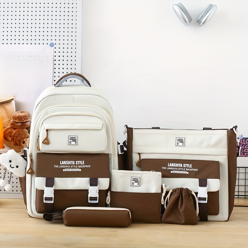 Student Backpack Set of 5 in Solid Colors with Listed Handbag, Coin Purse, Crossbody Bag and Pencil Case for Teen Back-to-School and Everyday Carry