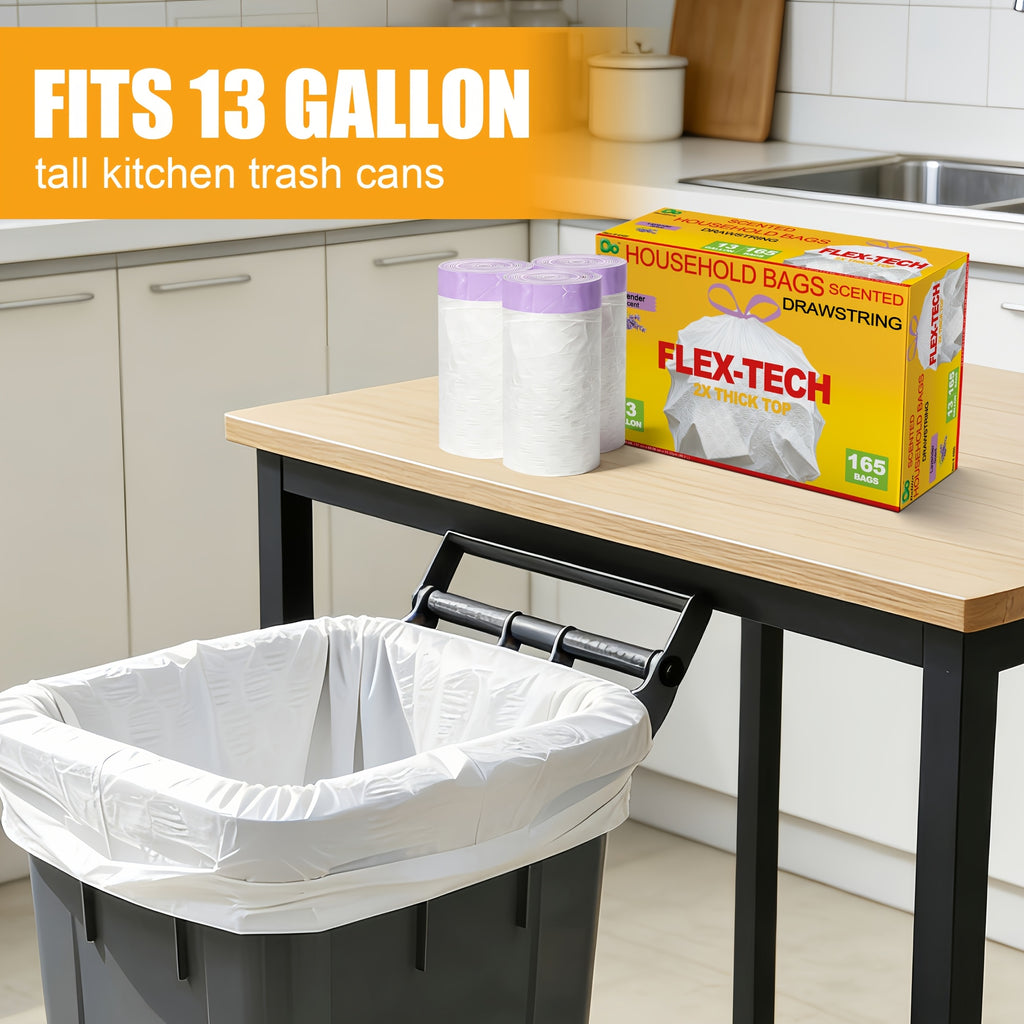Lemon Scented Drawstring Trash Bags 13 Gallon, White Disposable Kitchen Bin Liners with Boxed Packaging Reference and 20, 55, 110 or 165 Quantity Labels