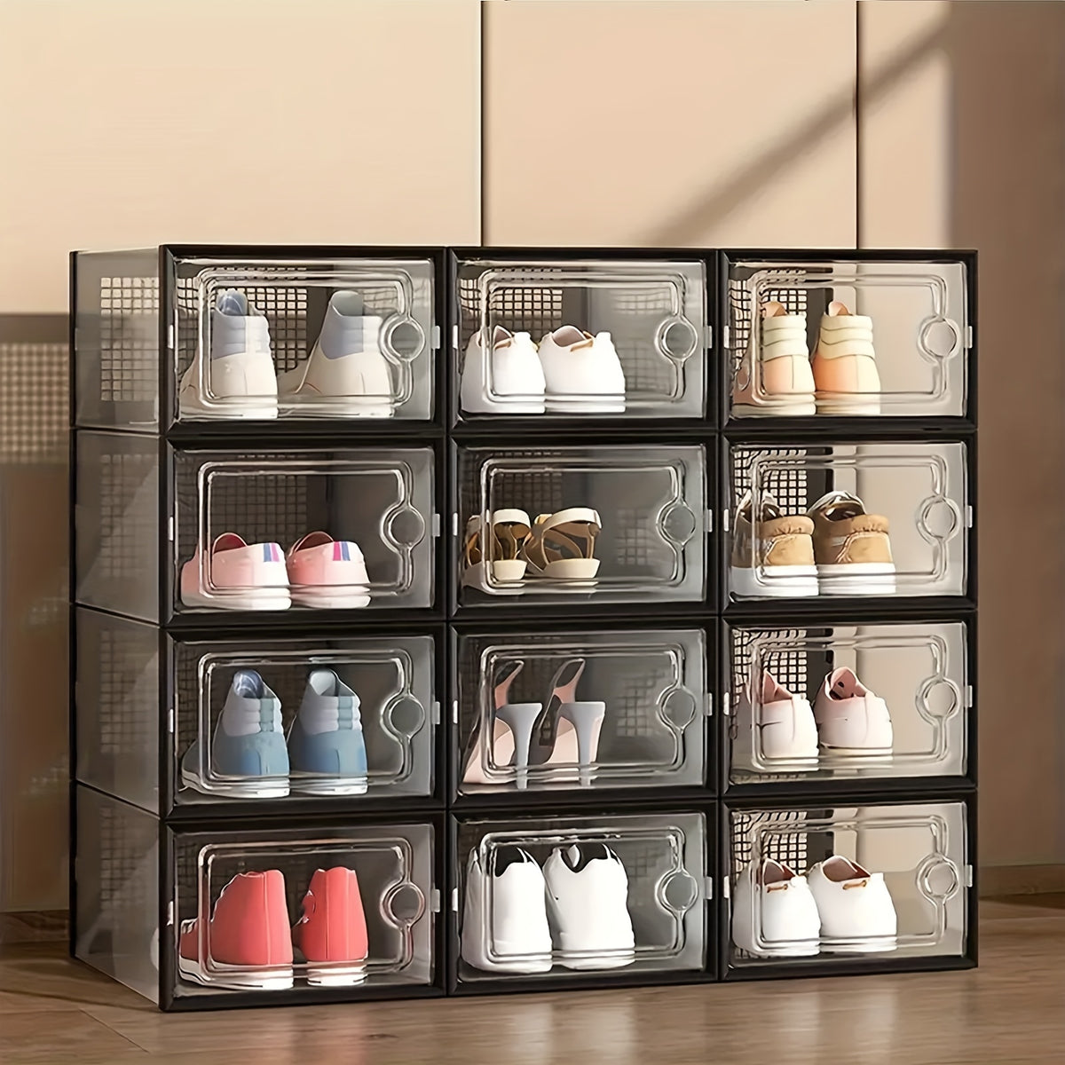 Transparent Shoe Storage Boxes with Lids, Foldable Stackable Plastic Footwear Organizers in White 12-Piece or Gray 12- and 24-Piece Options for Home Storage