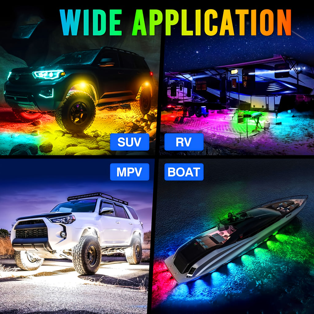 RGB Rock Light Kit with 16 Listed LEDs, 4-in-1 Car Tire Ambient Lighting with Dimmable Colors, Multiple Modes and App Control for Compatible Vehicle Setups