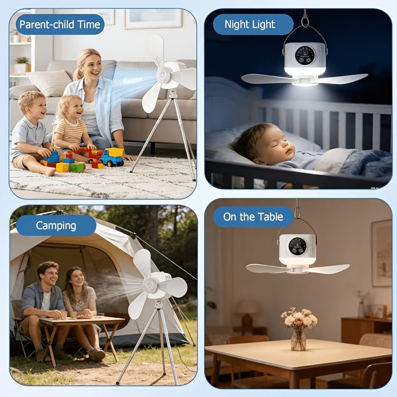 Tripod Camping Fan in White with USB Power, Adjustable Airflow and Light Brightness, Removable Blades and Portable Design for Tents, Bedrooms and Dorms