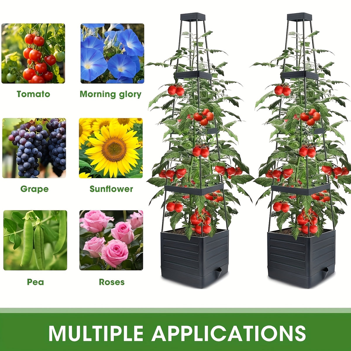 Tomato Planter with Trellis in One- or Two-Piece Options with Listed 57-Inch Size and Self-Watering Design for Climbing Vegetables, Patio and Greenhouse Gardening