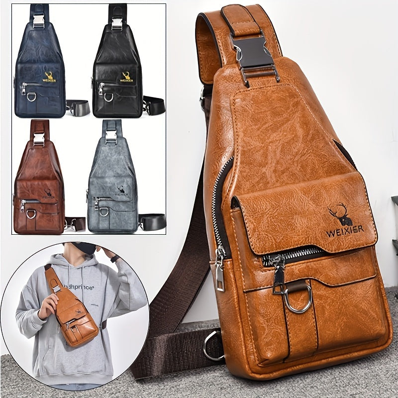 1 Men'S New Faux Leather Retro Casual Simple Chest Bag, Crossbody Large Capacity Multi Compartment Premium Men'S Crossbody Bag, Suitable For Carrying On The Go.