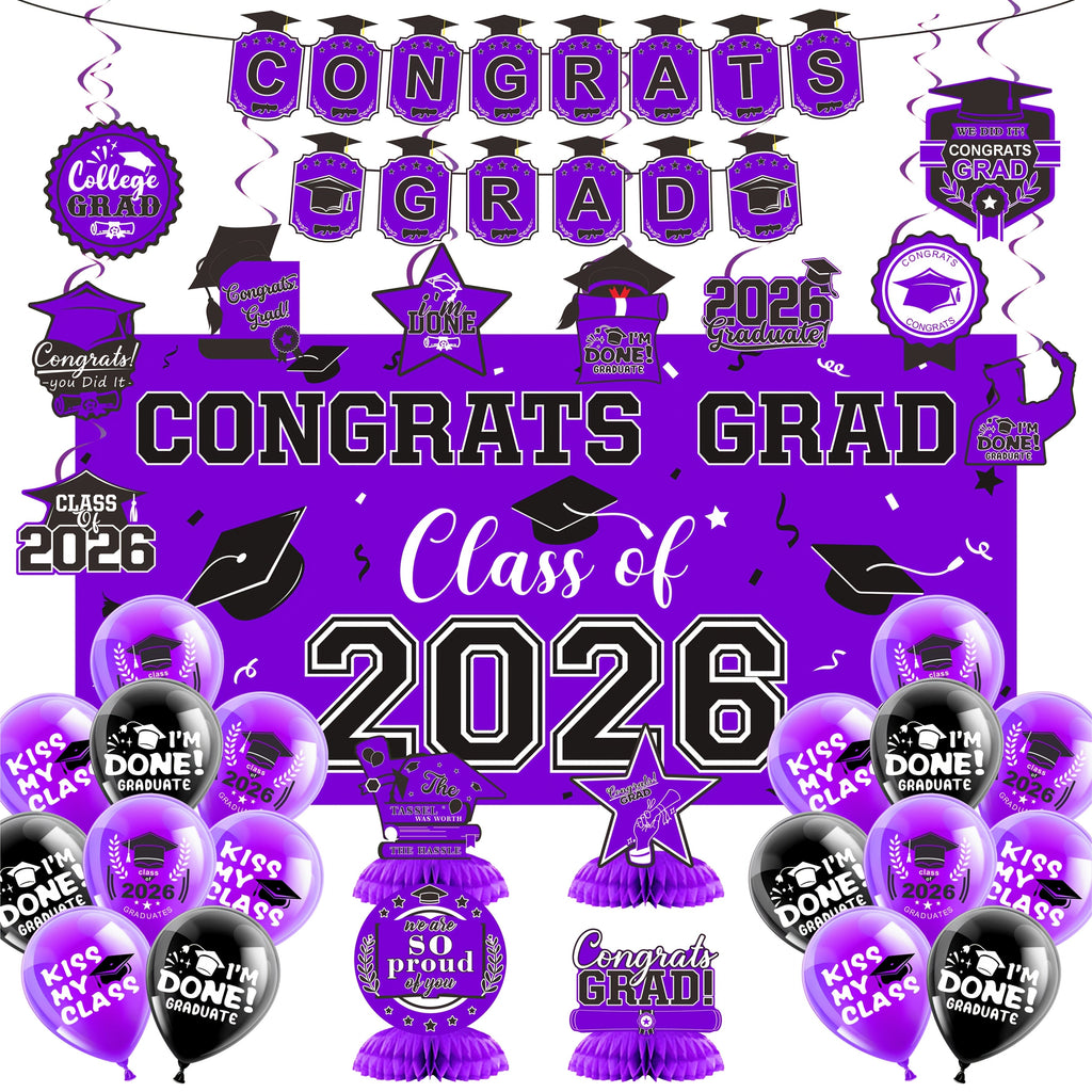 Graduation Party Decorations Class of 2026 Set with Backdrop Banner, Hanging Swirls, Balloons and Honeycomb Decor for Home Celebrations