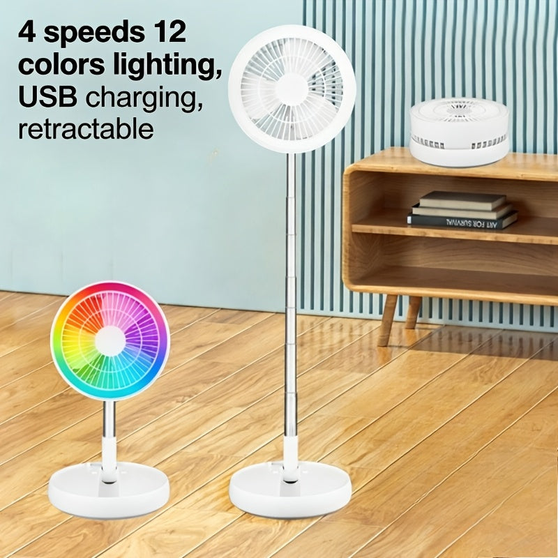 Folding Rechargeable Fan with Remote Control, 3600mAh Telescopic Portable Fan with 4 Speeds, USB Charging and 7-Color Ambient Light, Low Noise Expandable Battery Fan for Home, Office, Travel, Camping, RV and Dorm