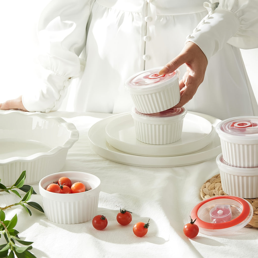 Porcelain Ramekins with Lids, Set of Six with Listed 8-Ounce Capacity for Soufflé, Crème Brûlée, Pudding and Custard Preparation, Serving and Food Storage