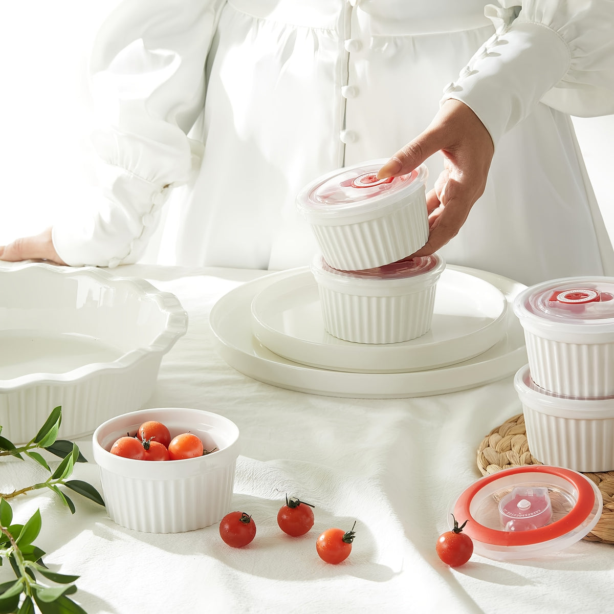 Porcelain Ramekins with Lids, Set of Six with Listed 8-Ounce Capacity for Soufflé, Crème Brûlée, Pudding and Custard Preparation, Serving and Food Storage
