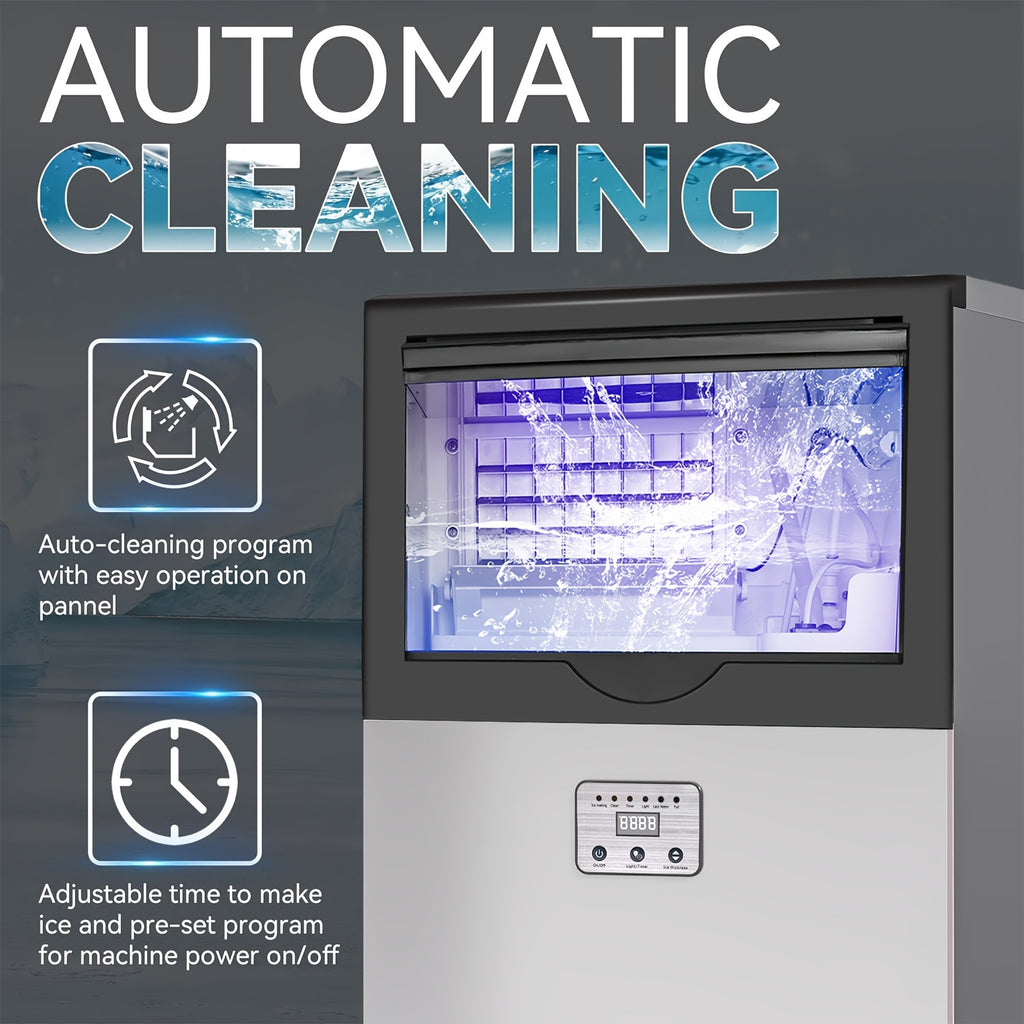 Commercial Ice Maker with Listed 100lb Daily Production and 13lb Storage Bin, Silver Freestanding or Under-Counter Ice Machine with Filter and Scoop
