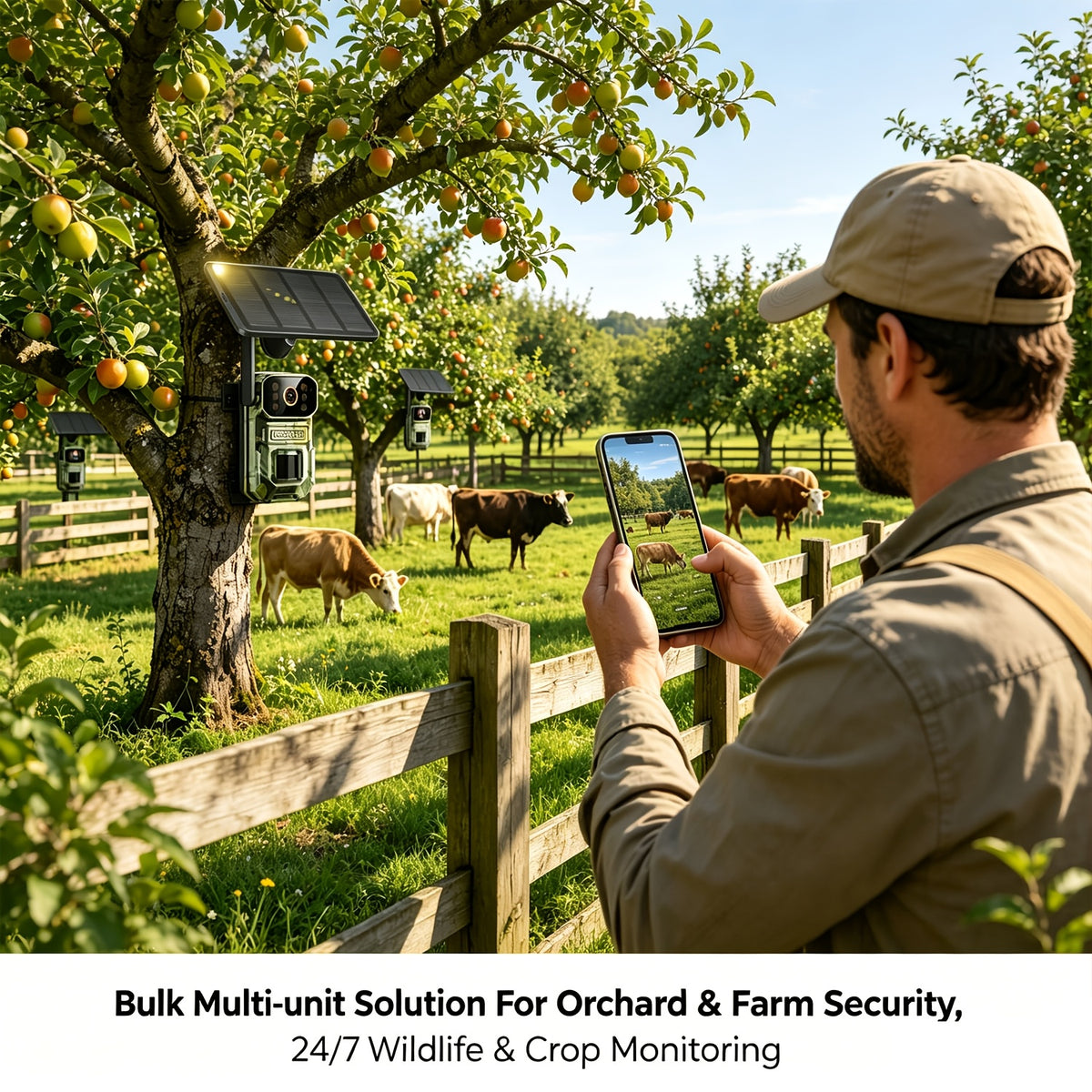 Farm Solar Trail Camera for Orchard and Livestock Monitoring with 125° Wide-Angle View, Listed 20W Solar Panel, 6000mAh Battery and Mounting Straps