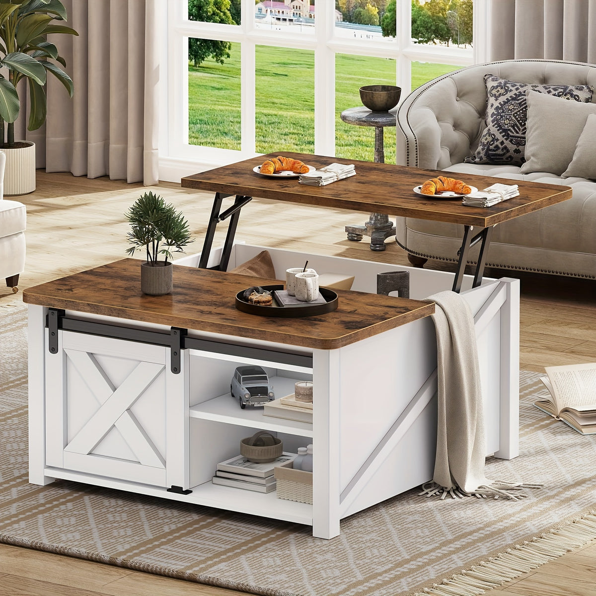 Lift Top Coffee Table with Storage, 31.5-Inch Square Farmhouse Design with Sliding Barn Door, Gas Strut Lift and Adjustable Shelves for Living Rooms