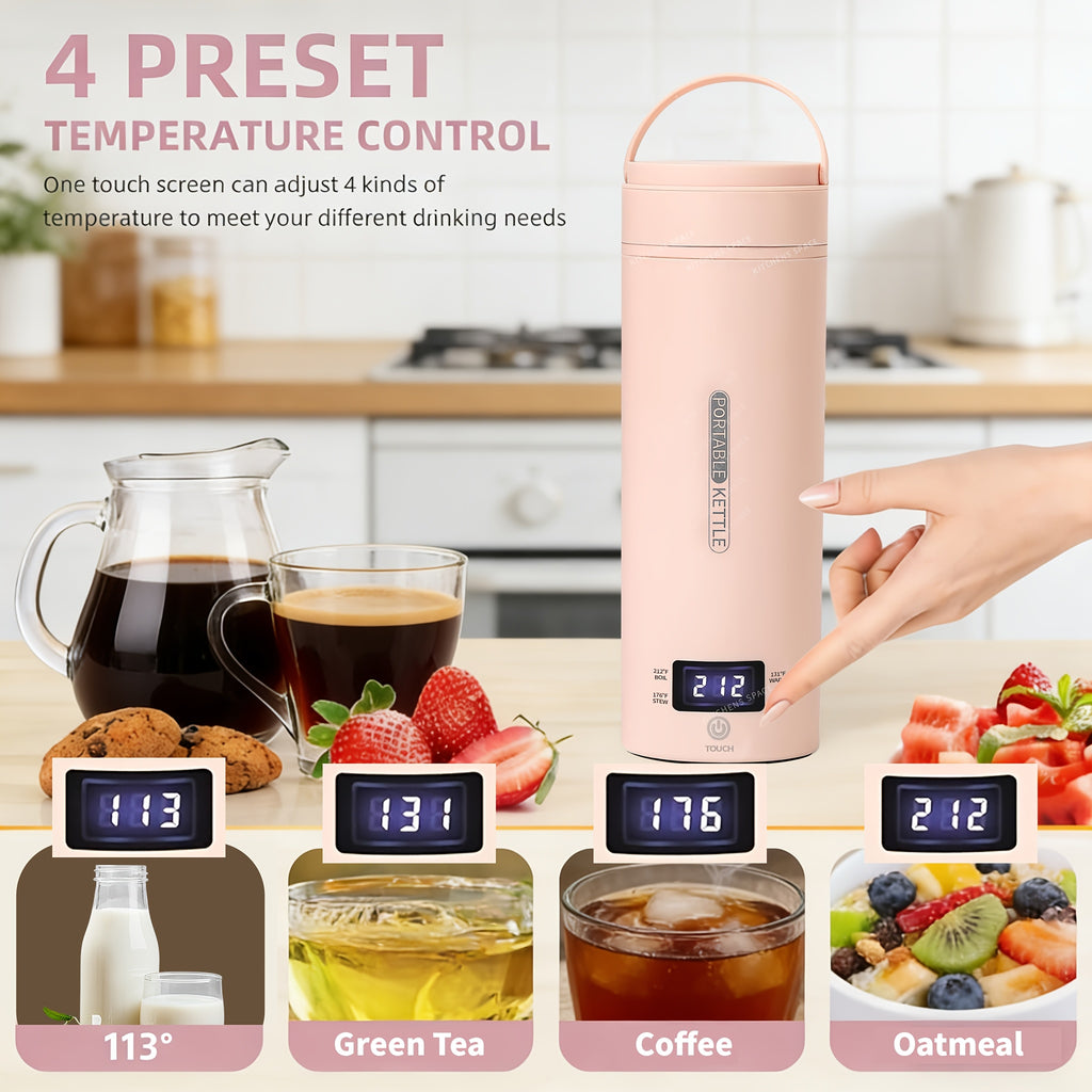 Mini Travel Electric Kettle with Four Temperature Settings and Listed 304 Stainless Steel, Auto Shut-Off and Boil-Dry Protection, White with Sleeve and Pink Sleeve Options