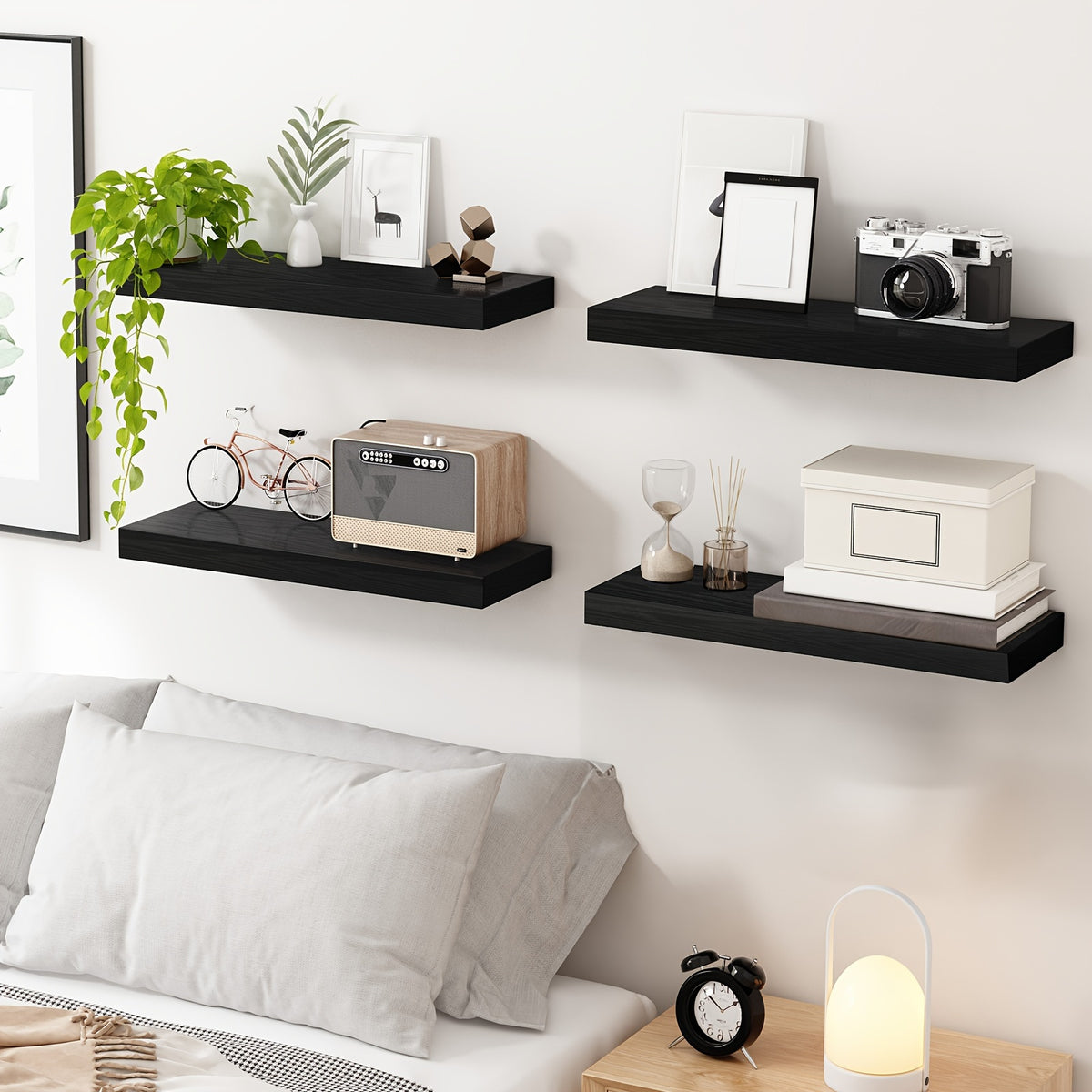 Rustic Wood Floating Shelves by TOMNK with Listed 15.8-Inch Size, Four or Eight-Piece Wall Shelf Sets for Bedroom, Living Room and Kitchen Storage Displays
