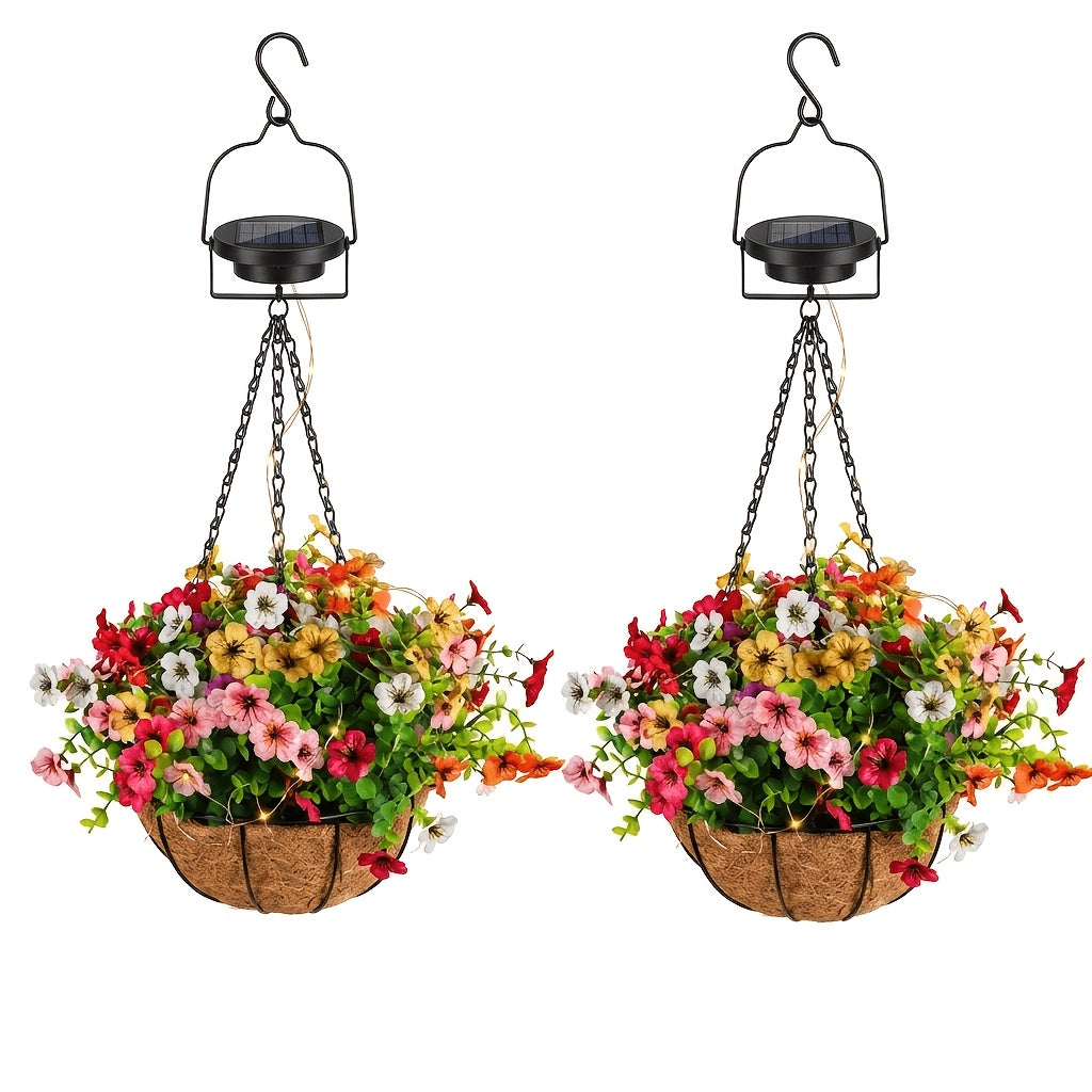 Solar Hanging Flower Baskets, Artificial Floral Decor with Coco Coir Liner and Listed 10-Inch Size, Multicolor Selection Labels for Porch and Patio Displays