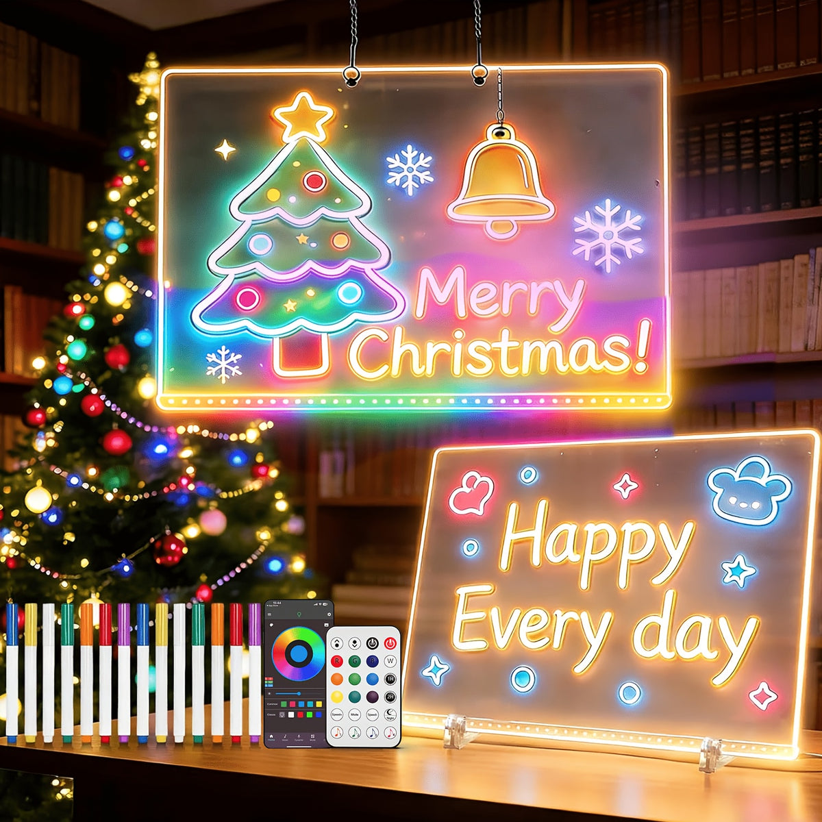 LED Erasable Drawing Board 13.7 x 10 Inch, RGB+IC Acrylic Message Sign with 21 Lighting Effects, Remote and App Control and 12-Color Pens