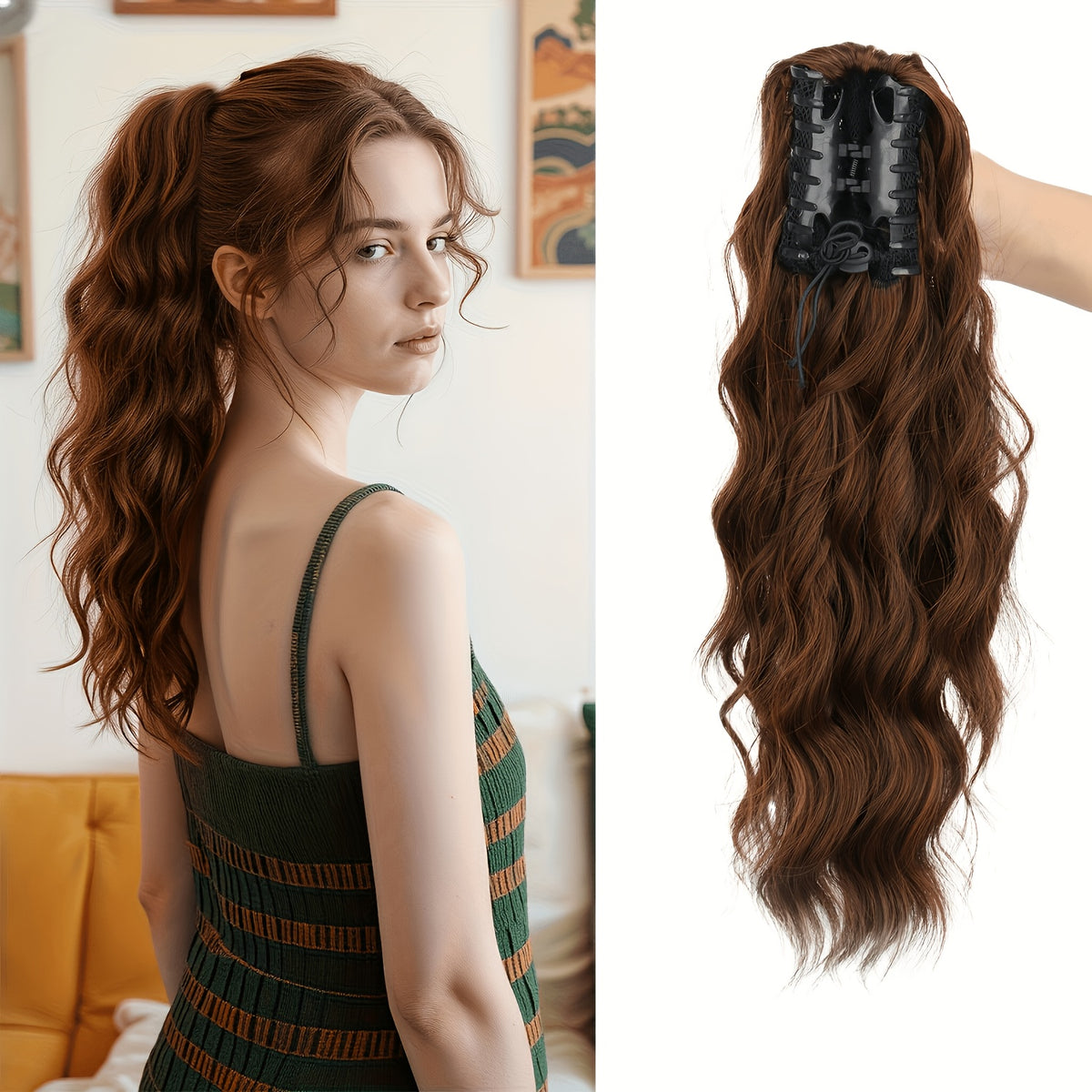 16-Inch Water Wave Ponytail Extension for Women, Synthetic Curly Hairpiece with Clip Attachment and Multiple Color Options for Daily Wear and Parties