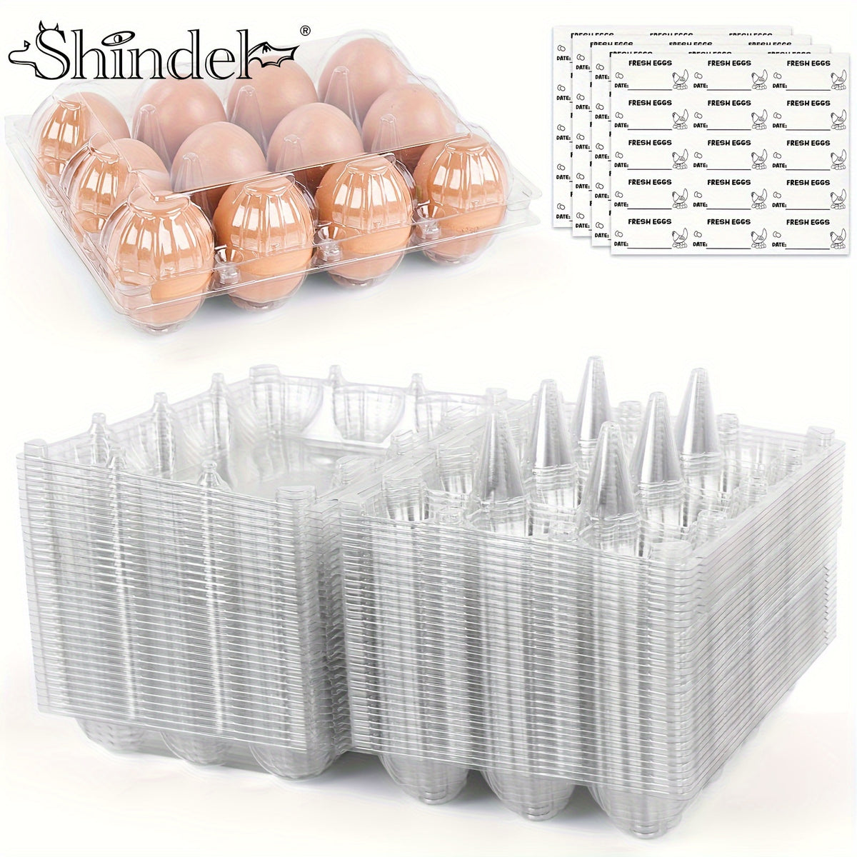 Clear Plastic Egg Cartons 60-Pack by Shindel, Reusable Blank 12-Egg Containers for Fresh Egg Collection, Home Storage and Farm Market Display